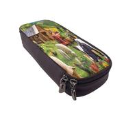 Leather Large Capacity Pencil Case Pencil Bag Farm Animals Print Double-Zipper Flip-Top Pen Case
