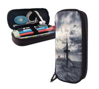 Leather Large Capacity Pencil Case Pencil Bag Giant Nuclear Ship Print Double-Zipper Flip-Top Pen Case