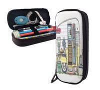 Leather Large Capacity Pencil Case Pencil Bag Happy Campers Print Double-Zipper Flip-Top Pen Case