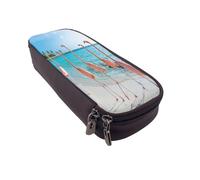 Leather Large Capacity Pencil Case Pencil Bag Pink Flamingo on Beach Print Double-Zipper Flip-Top Pen Case