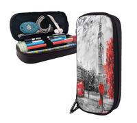 Leather Large Capacity Pencil Case Pencil Bag Red London Street Print Double-Zipper Flip-Top Pen Case