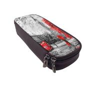 Leather Large Capacity Pencil Case Pencil Bag Red London Street Print Double-Zipper Flip-Top Pen Case