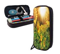 Leather Large Capacity Pencil Case Pencil Bag Sunflowers Under Clouds Print Double-Zipper Flip-Top Pen Case