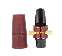 Leather Ligature and Leather Cap for Alto Saxophone by KGUmusic. Saxophone Alto accessories. Black leather, Nuummite natural stone inlaid with raw brass screw(Raw Brass, Marsala + Red Japser)