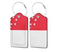 Leather Luggage Tag with Stainless Steel Ring, Singapore Flag Print Suitcase Tags Identifiers,for Women Men Travel, Black, 2 Pcs, simple and stylish
