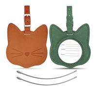 Leather Luggage Tags 2pcs, Lovely Cat Luggage Label PU Suitcase Tags Secure Luggage Labels for Suitcase Baggage Travel - Brown Green