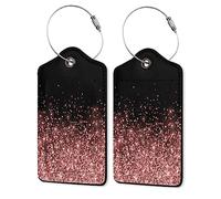 Leather Luggage Tags for Adults Teens,2 Pack Rose Gold Glitter Travel Bag Suitcase Labels with Stainless Steel Loop ID Tags Card Baggage Bag Label