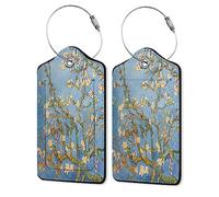 Leather Luggage Tags for Adults Teens,2 Pack Van Gogh Almond Blossoms Travel Bag Suitcase Labels with Stainless Steel Loop ID Tags Card Baggage Bag Label