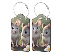 Leather Luggage Tags with Full Privacy Cover & Metal Ring, Mouse in Love Print Suitcase Labels for Travel