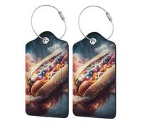 Leather Luggage Tags with Privacy Cover - Creative Hot Dog Hamburg Galaxy Funny Stainless Steel Cable Id Holder for Suitcase, Travel Bag, Briefcase, 4.6x2.9 Inch