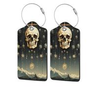 Leather Luggage Tags with Privacy Cover - Skull Moon Phases Mystic Magic Vintage Stainless Steel Cable Id Holder for Suitcase, Travel Bag, Briefcase, 4.6x2.9 Inch
