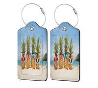 Leather Luggage Tags with Privacy Flap, 2 Pcs Travel Id Bag Tags, Seaside Beach Yellow Pineapple, Waterproof Suitcase Name Badge Holders with Loop for Travel Backpack Luggage Identification