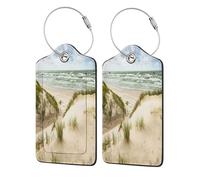 Leather Luggage Tags with Privacy Flap, 2 Pcs Travel Id Bag Tags, Seaside Grand Tidal, Waterproof Suitcase Name Badge Holders with Stainless Steel Loop for Travel, Backpack, Luggage Identification