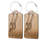 Leather Luggage Tags with Privacy Flap, 2 Pcs Travel Id Bag Tags, Two Giraffe Running Barren, Waterproof Suitcase Name Badge Holders with Loop for Travel Backpack Luggage Identification