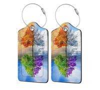Leather Luggage Tags with Privacy Flap, 2 Pcs Travel Id Bag Tags, Two Season Trees, Waterproof Suitcase Name Badge Holders with Stainless Steel Loop for Travel, Backpack, Luggage Identification