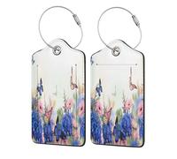 Leather Luggage Tags with Privacy Flap, 4 Pcs Travel Id Bag Tags, Daisies Butterflies, Waterproof Suitcase Name Badge Holders with Stainless Steel Loop for Travel, Backpack, Luggage Identification
