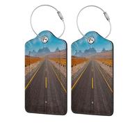Leather Luggage Tags with Privacy Flap, 4 Pcs Travel Id Bag Tags, Highway Road Desert, Waterproof Suitcase Name Badge Holders with Stainless Steel Loop for Travel, Backpack, Luggage Identification