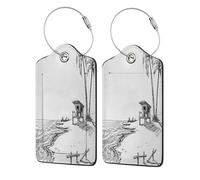 Leather Luggage Tags With Privacy Flap, 4 Pcs Travel Id Bag Tags, Summer Beach Palm Trees, Waterproof Suitcase Name Badge Holders With Stainless Steel Loop For Travel, Backpack, Luggage Identification