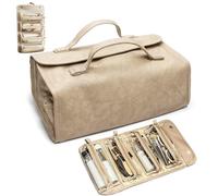 Leather Makeup Bag for Women, 4-in-1 Lay Flat Cosmetic Organizer with Detachable Clear Small Pouches, Waterproof Toiletry Bags with Handle, Hanging Travel Makeup Brush Bag for Girls