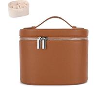 Leather Makeup Bag with Compartments, Brown Travel Makeup Bag for Women, Parallel Travel Bag with Removable Divider, Brown, Bags-Ling