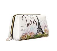 Leather Makeup Bag with Zipper for Women,Retro Paris Eiffel Tower Cosmetic Bag Toiletry Bag Cute Waterproof Makeup Case Travel Organizer for Accessories Toiletries Gifts,S