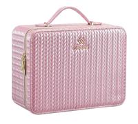 Leather Makeup Case with LED Lighted Mirror 11.4 Inch Travel Makeup Bag Adjustable Brightness in 3 Colors Cosmetic Organizer Artist Storage Bag with Dividers Brush Holder Bag Vanity Shiny Pink