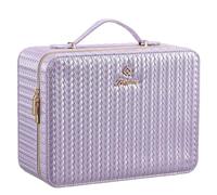 Leather Makeup Case with LED Lighted Mirror 11.4 Inch Travel Makeup Bag Adjustable Brightness in 3 Colors Cosmetic Organizer Artist Storage Bag with Dividers Brush Holder Bag Vanity Shiny Purple