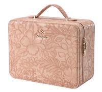 Leather Makeup Case with LED Lighted Mirror 11.4 Inch Travel Makeup Bag Adjustable Brightness in 3 Colors Cosmetic Organizer Artist Storage Bag with Dividers Brush Holder Bag Vanity Pink Floral