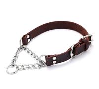 Leather Martingale Dog Collar, Genuine & Stainless Steel Chain Martingale Collar No-Pull Adjustable Anti-Slip Training & Walking Collar for Small Medium Large Breed Dogs Pets. (Large: Neck 15"-23")