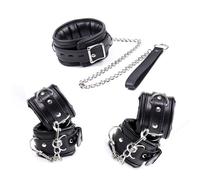 Leather Metail Soft Spong Sex Handcuffs Ankle Cuffs and Collar Drag BDSM Bondage Set Sex Toys for Couples Erotic Womens Lingerie 3PCS One Size