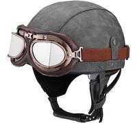 Leather Motorcycle Half Helmet for Adult Men Women, Motocross Helmet German Style Half Helmet Skull Cap, ECE Approved, for Motorbike Scooter Chopper Moped Scooters, with Goggles