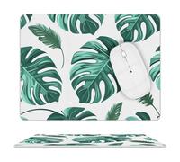 Leather Mouse Pad Waterproof Slip Base Mouse Mat Cyan Palm Leaves Printed for Laptop Computer Office Home Gaming Mousemats