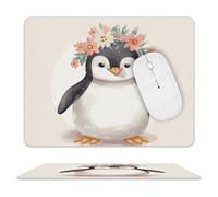 Leather Mouse Pad Waterproof Slip Base Mouse Mat Penguin Wearing Flowers Printed for Laptop Computer Office Home Gaming Mousemats