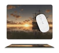 Leather Mouse Pad Waterproof Slip Base Mouse Mat Ship in The Lake Sunset Printed for Laptop Computer Office Home Gaming Mousemats