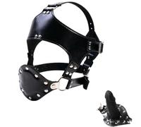 Leather Mouth Gag Full Mask with Silicone Plug Harness BDSM, Long | Bondage Masters Head Straps Sex Toy for Extreme Couples BDSM Gear Role Play Bite Gag Muzzles