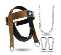 Leather Neck Harness for Weight Lifting - Adjustable Head Strap with Heavy-Duty Steel Chain & Microfiber Padding - Neck Exerciser for Bodybuilding, Boxers & Gym Workout (Brown)