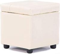 Leather Ottoman Footstool Cube Pouf Upholstered Footrest with Solid Wood Base Modern White Square Bench for Living Room Coffee Table 35x35x35cm (14x14x14inch)
