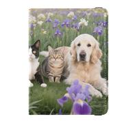 Leather Passport and Vaccine Card Holder Combo Passport Case Travel Documents Wallet Passport Cover with RFID Blocking for Men and Women Waterproof, 6-Dogs in Flower Field, One Size, Modern