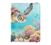Leather Passport and Vaccine Card Holder Combo Passport Case Travel Documents Wallet Passport Cover with RFID Blocking for Travel Essential Waterproof, Turtle Coral Art, One Size, Modern