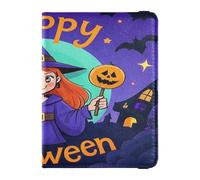 Leather Passport and Vaccine Card Holder Combo Passport Case Travel Documents Wallet Passport Holder Case for Men and Women Waterproof, Happy Halloween cartoon cute witch, One Size, Modern
