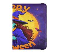 Leather Passport and Vaccine Card Holder Combo Passport Case Travel Documents Wallet Passport Holder Case for Men and Women Waterproof, Happy Halloween cartoon cute witch11, One Size, Modern