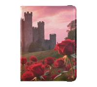 Leather Passport and Vaccine Card Holder Combo Travel Passport Wallet Passport Holder for Women and Men Waterproof, Castle & Roses at Dusk, One Size, Modern