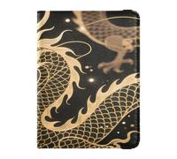 Leather Passport and Vaccine Card Holder Combo Travel Passport Wallet With Vaccination Card Slot Passport Cover Holder Wallet Case for Women and Men Waterproof, Golden Dragon Black Background, One