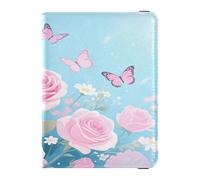 Leather Passport and Vaccine Card Wallet Combo Passport Case Travel Documents Wallet Passport Cover with RFID Blocking for Women and Men Waterproof, Blush Rose Butterfly Light Blue Art, One Size