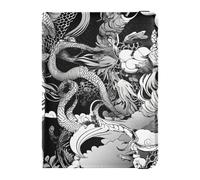 Leather Passport and Vaccine Card Wallet Combo Travel Documents Organizer Protector Passport Cover Holder Wallet Case for Women and Men Waterproof, Black White Dragon Lady Art, One Size, Modern