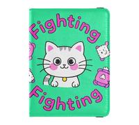 Leather Passport and Vaccine Card Wallet Combo Travel Documents Organizer Protector Passport Holder for Women and Men Waterproof, fighting cartoon cute white cat, One Size, Modern