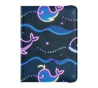 Leather Passport and Vaccine Card Wallet Combo Travel Documents Organizer Protector Passport Holder for Travel Essential Waterproof, Neon Whale Wave Design, One Size, Modern