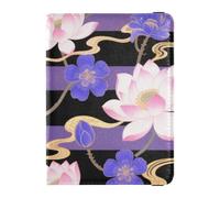 Leather Passport and Vaccine Card Wallet Combo Travel Passport Wallet Passport Holder Case for Travel Essential Waterproof, Golden Flowers with Purple Stripes, One Size, Modern