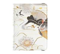 Leather Passport and Vaccine Card Wallet Combo Travel Passport Wallet Passport Holder Combo with Vaccine Card Slot for Men and Women Waterproof, Crane Flower Japanese Pattern, One Size, Modern
