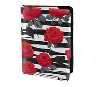 Leather Passport Holder Cover Case Black White Stripes Red Rose Flowers Print Eco-Friendly Genuine Leather Travel Essentials